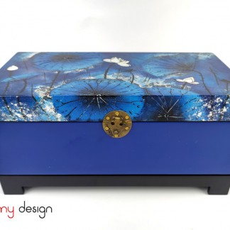 Blue rectangle lacquer box hand-painted with lotus pond included with stand 18x35 cm